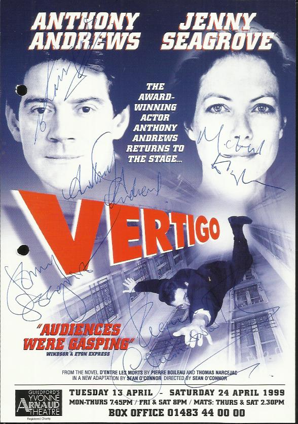 Vertigo theatre flyer signed Anthony Andrews, Jenny Seagrove, Michael Kitchen.