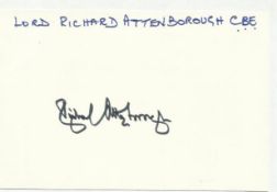 Lord Richard Attenborough signed large 6 x 4 white card lightly fixed to A4 white page.
