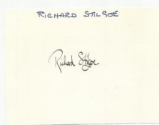 Richard Stilgoe signed large 6 x 4 white card lightly fixed to A4 white page.