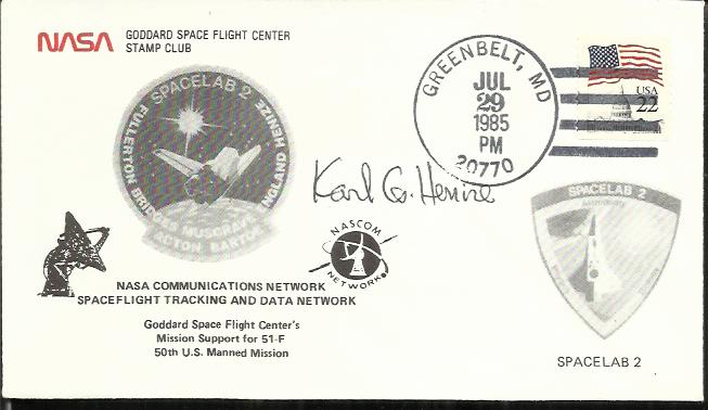 Karl Henize (1985 NASA Communications Network Spacelab 2 Stamp Club cover with Greenbelt postmark.