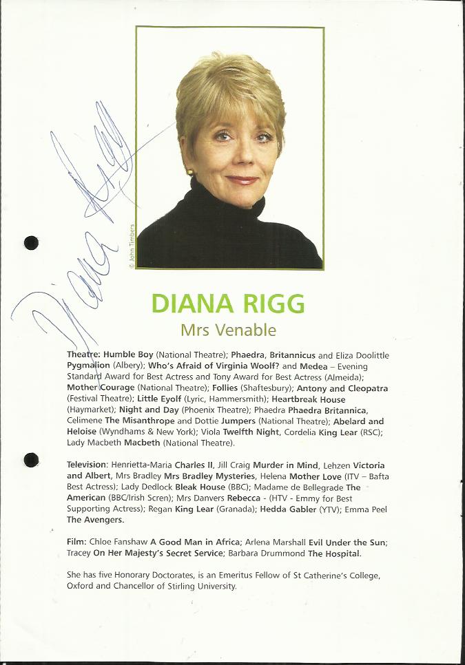 Diana Rigg signed A4 size theatre promo page as Mrs Venable, nice inset photo image and biography.