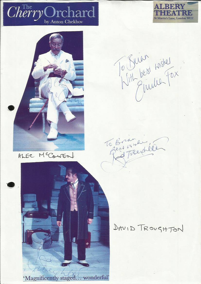 The Cherry Orchard cast signed A4 white sheet with inset colour photos. Signed by David Troughton,
