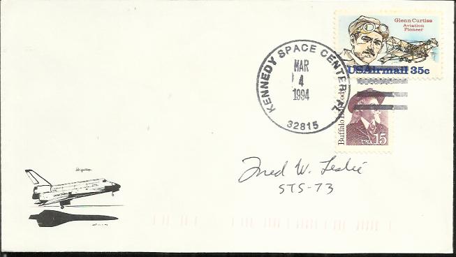 Fred W. Leslie 1994 Space Shuttle cover with Kennedy Space Center postmark. Signed by astronaut