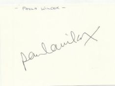 Paula Wilcox signed large 6 x 4 white card lightly fixed to A4 white page.