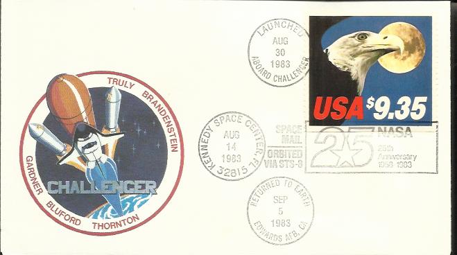 Scarce STS-8 Shuttle FLOWN cover. Carried into space aboard the Space Shuttle ""Challenger"" this