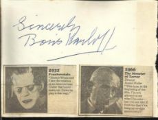 Boris Karloff signature piece fixed to Autograph album page with small photos. One of the rarest