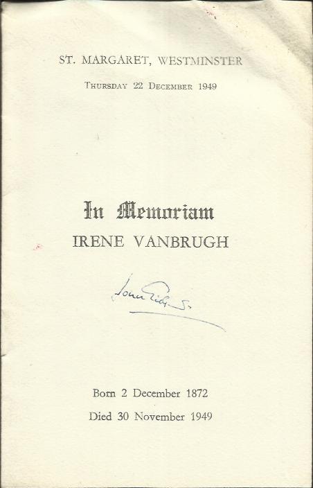 Sir John Gielgud Unusual 1949 Memorial Service programme for an Irene Vanburgh at St. Margaret,