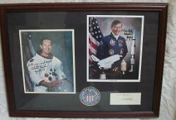 Apollo 16 crew signed presentation. Framed presentation comprising Moonwalkers John Young &