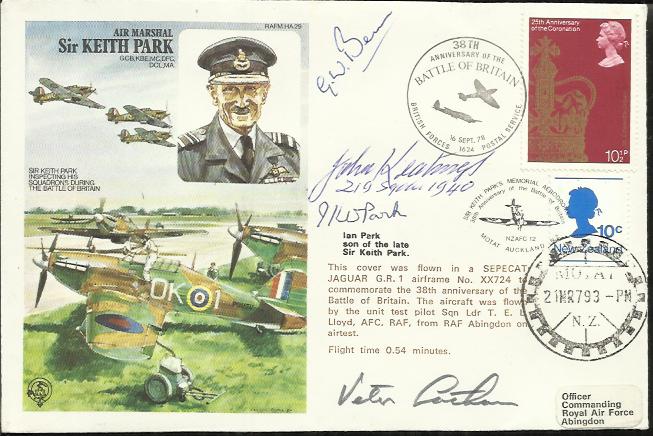 BOB aces HA29c - Air Marshal Sir Keith Park cover depicting Spitfires. Flown by Jaguar. Signed by