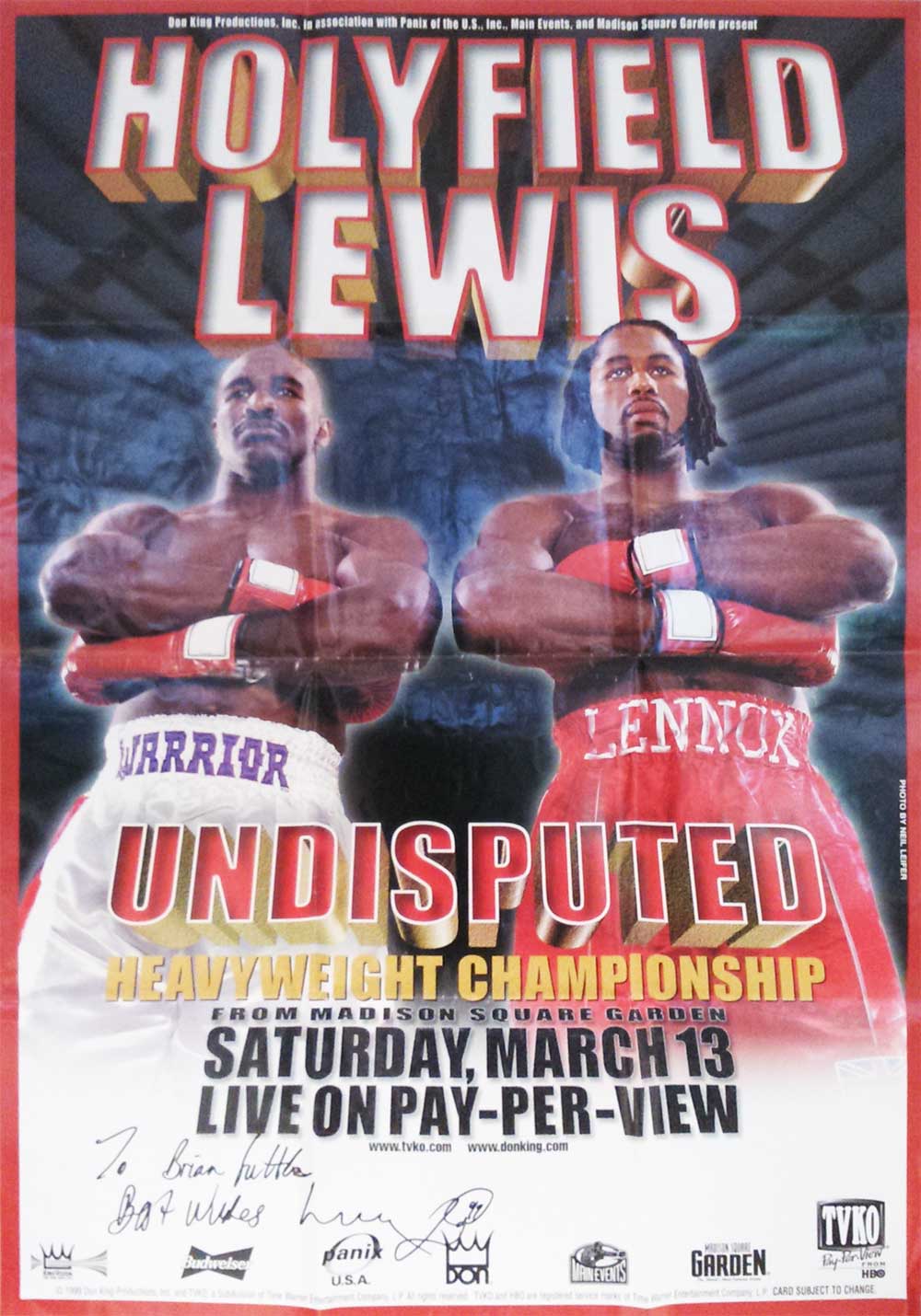 Lennox Lewis autographed poster. Large 70cm x 100cm used Boxing poster for the undisputed