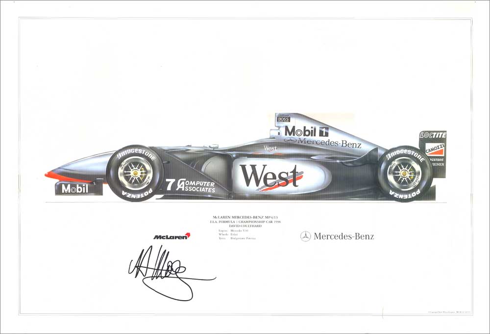 David Coulthard autographed motor racing print. Superb large 63cm x 45cm print of a 1998 Mclaren