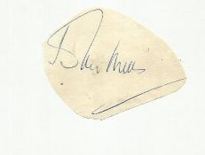 Sir John Mills signed vintage large irregularly cut signature piece 2 x 1 inches, fixed to large
