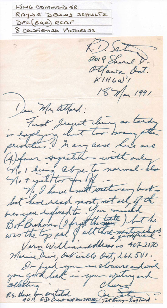 Flight Lieutenant Rayne Dennis Schultz DFC (Bar) Good handwritten letter. Canadian ace 8 confirmed