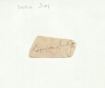 Doris Day signed irregularly cut vintage signature piece about 2 x 1 inches, fixed to large white