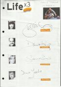 Cast of Life x3¸ Belinda Lang, David Haig, Serena Evans and David Yelland signatures on A4 sheet.