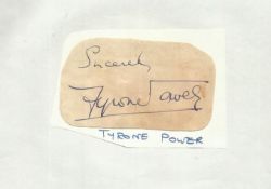 Tyrone Power signed vintage large irregularly cut signature piece about 4 x 2 inches, fixed to large