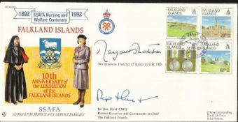 Margaret Thatcher & Sir Rex Hunt signed 10th Ann Falklands Liberation cover Rare. Good condition