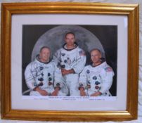 Apollo XI Crew Signed 10 x 8 colour NASA Litho, signed by Neil Armstrong, Mike Collins and Buzz