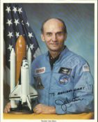 Jake Garn signed NASA Blue uniform photo with Space Shuttle model. Dedicated to Margaret Hines.