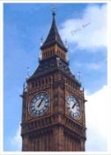 Tony Benn 12x8 colour laser photo of Big Ben, autographed by the late Tony Benn to the light sky of