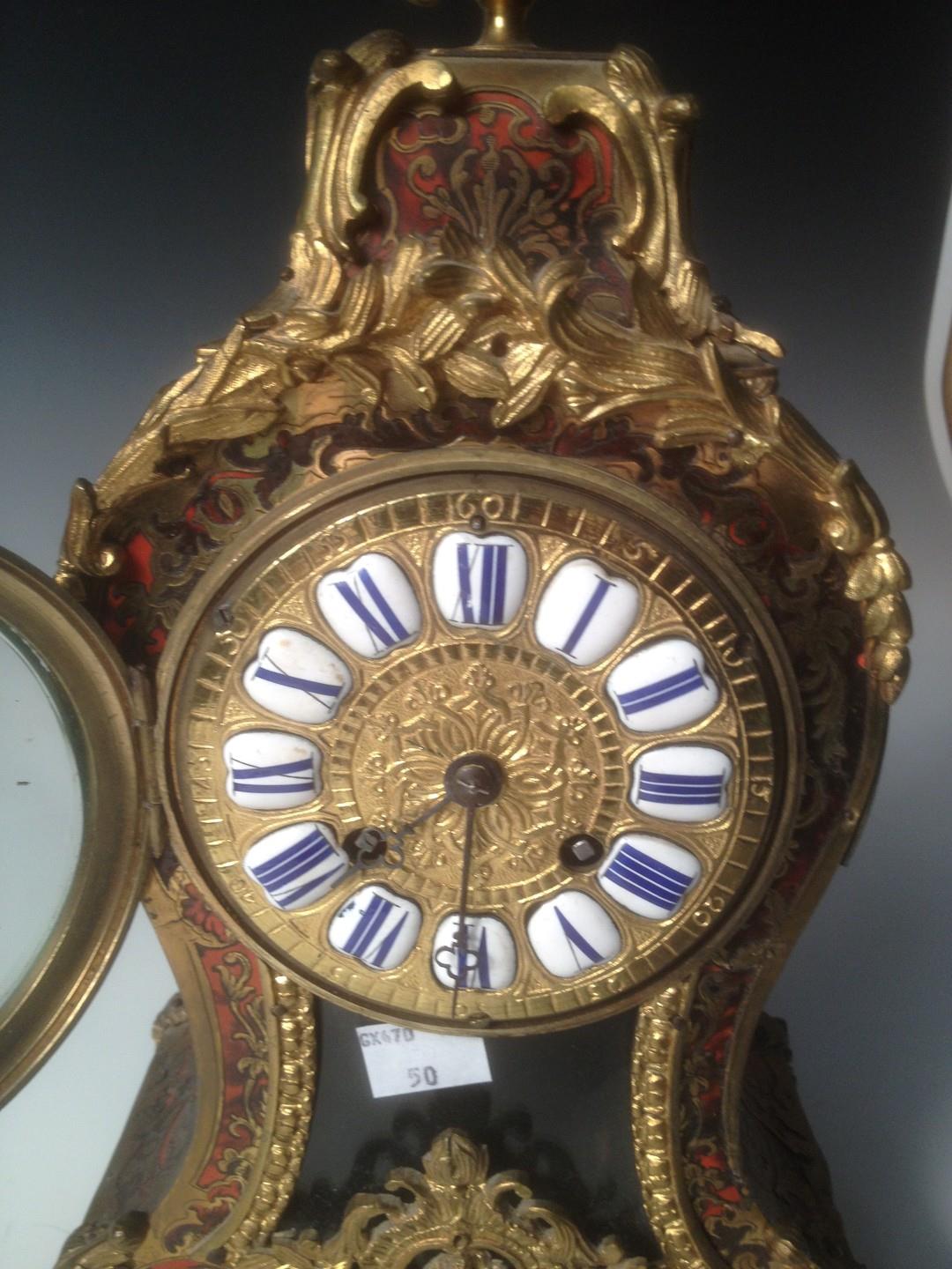 A French late 19th century `Boulle` mantel clock, the tortoiseshell and gilt metal mounted waisted - Image 4 of 4
