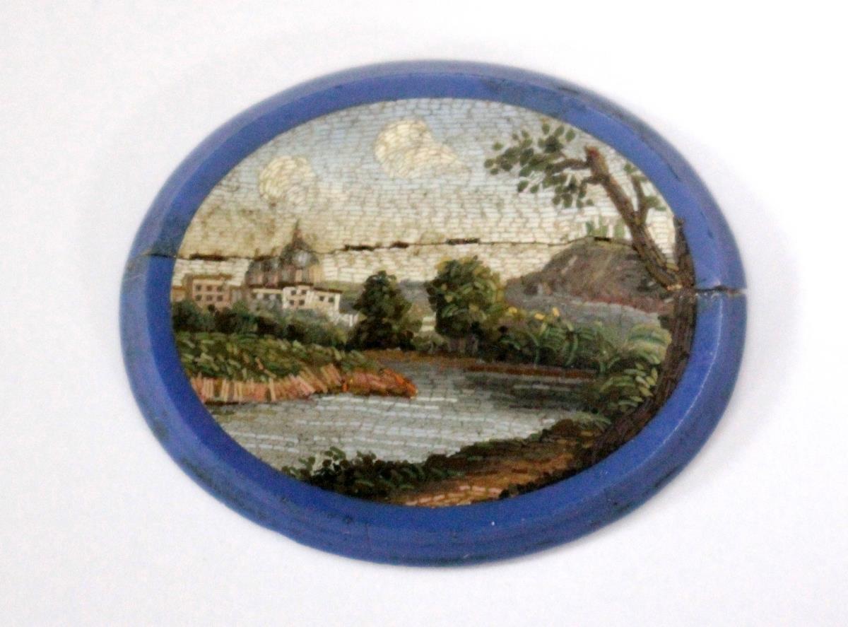 Nine various 19th century micro mosaics, an oval example depicting the Colosseum in a blue glass - Image 2 of 9