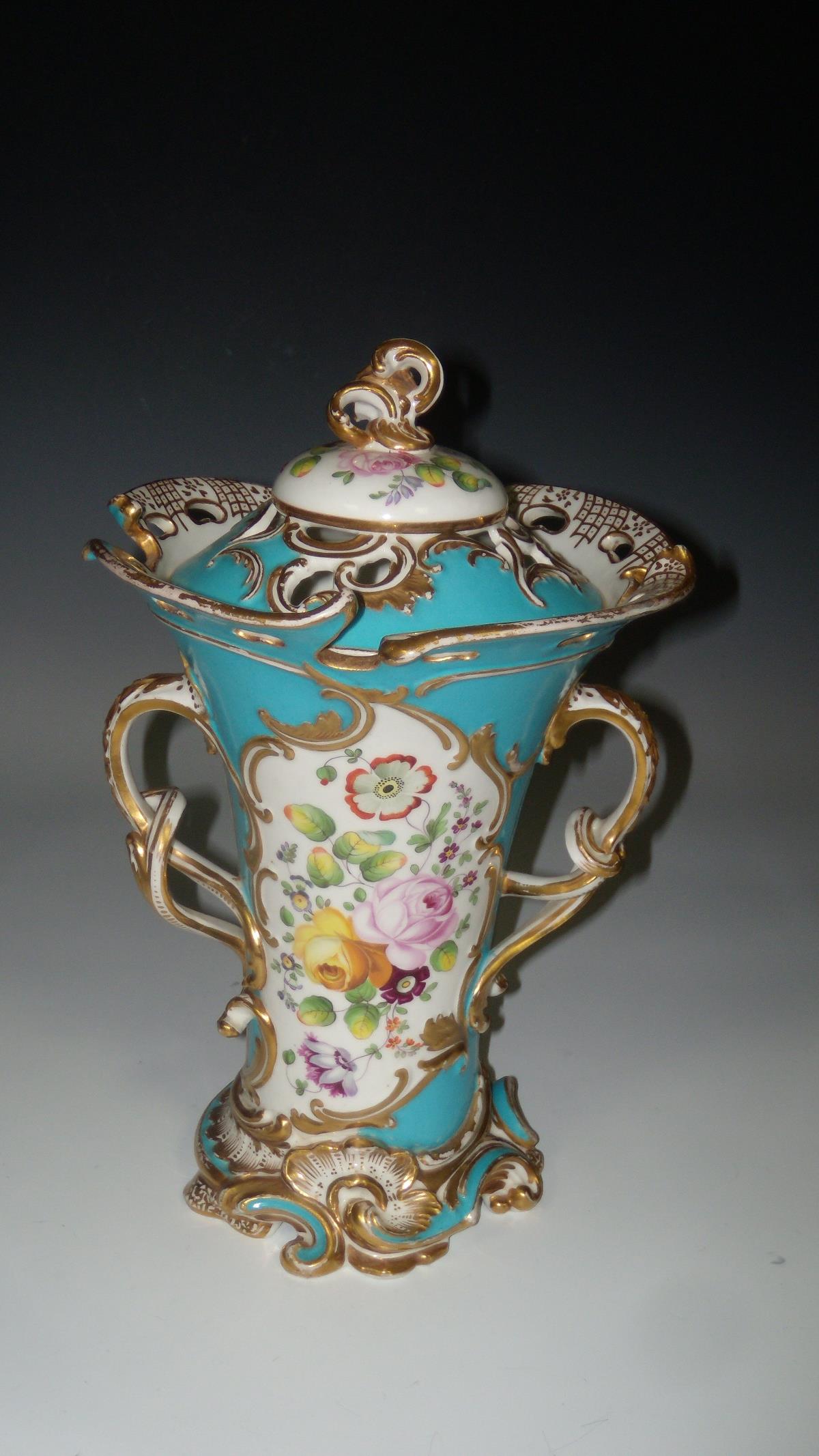 A mid 19th century pot pourri vase and cover, the handles and rococo piercings of the cover and rim - Image 2 of 4