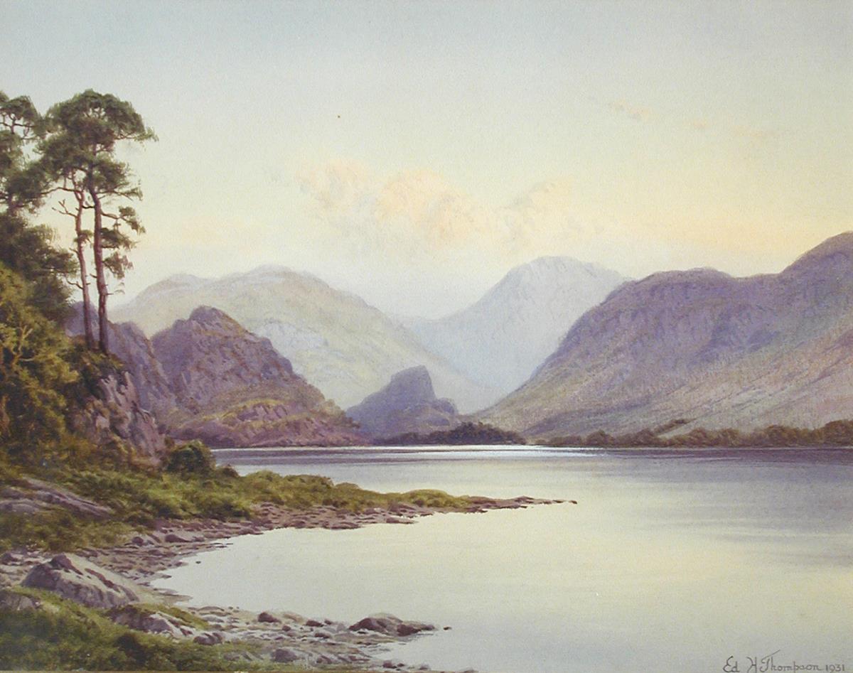 § Edward H Thompson (British, 1866-1949) Derwentwater and Borrowdale, signed lower right ""Ed H