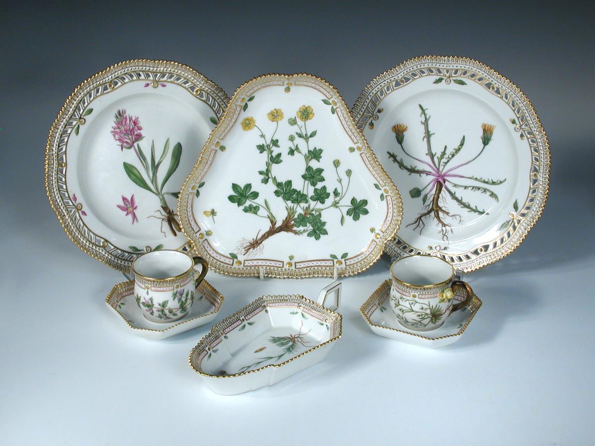 A collection of Copenhagen Flora Danica wares, 1960`s date codes each piece painted with botanical