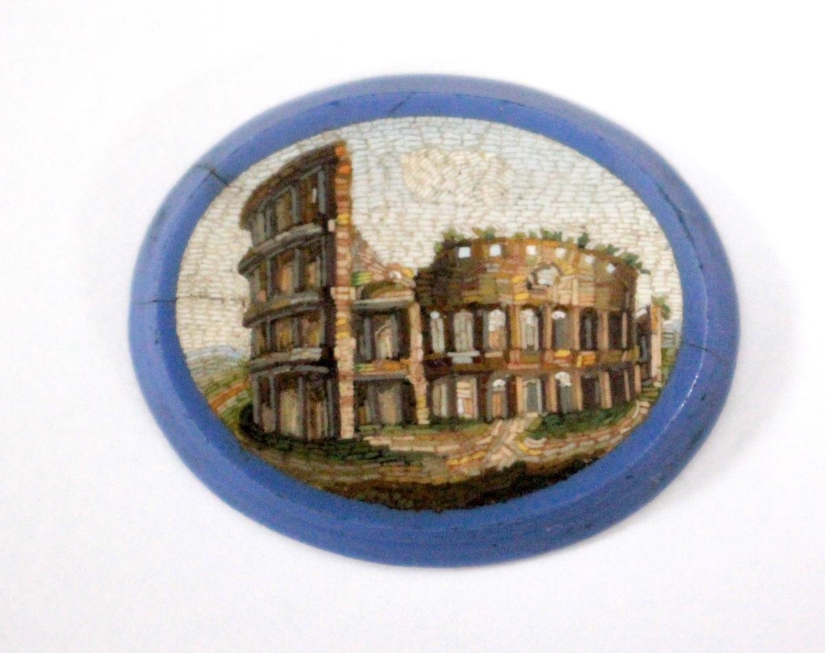 Nine various 19th century micro mosaics, an oval example depicting the Colosseum in a blue glass - Image 3 of 9