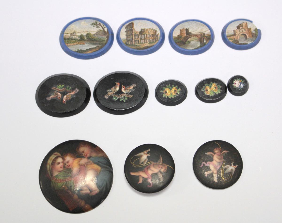 Nine various 19th century micro mosaics, an oval example depicting the Colosseum in a blue glass