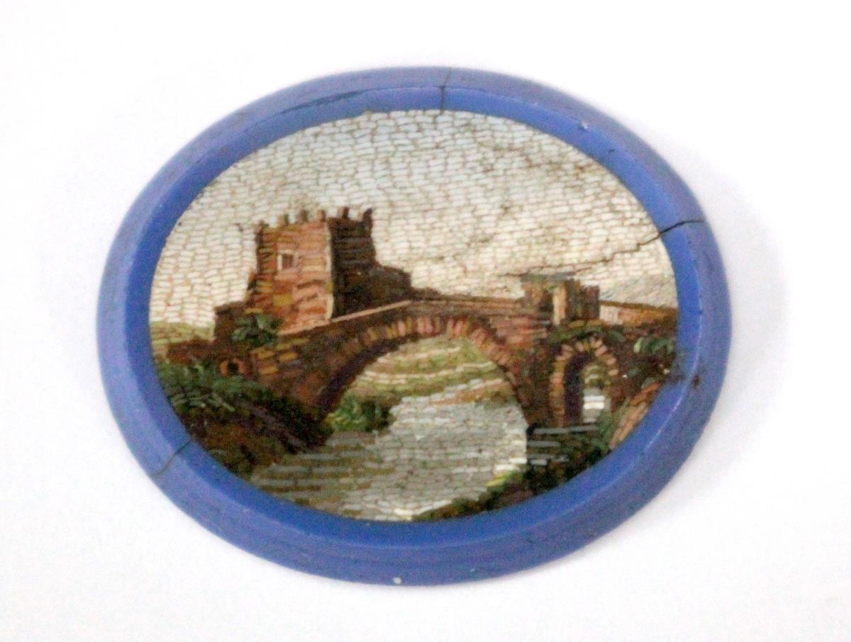 Nine various 19th century micro mosaics, an oval example depicting the Colosseum in a blue glass - Image 4 of 9