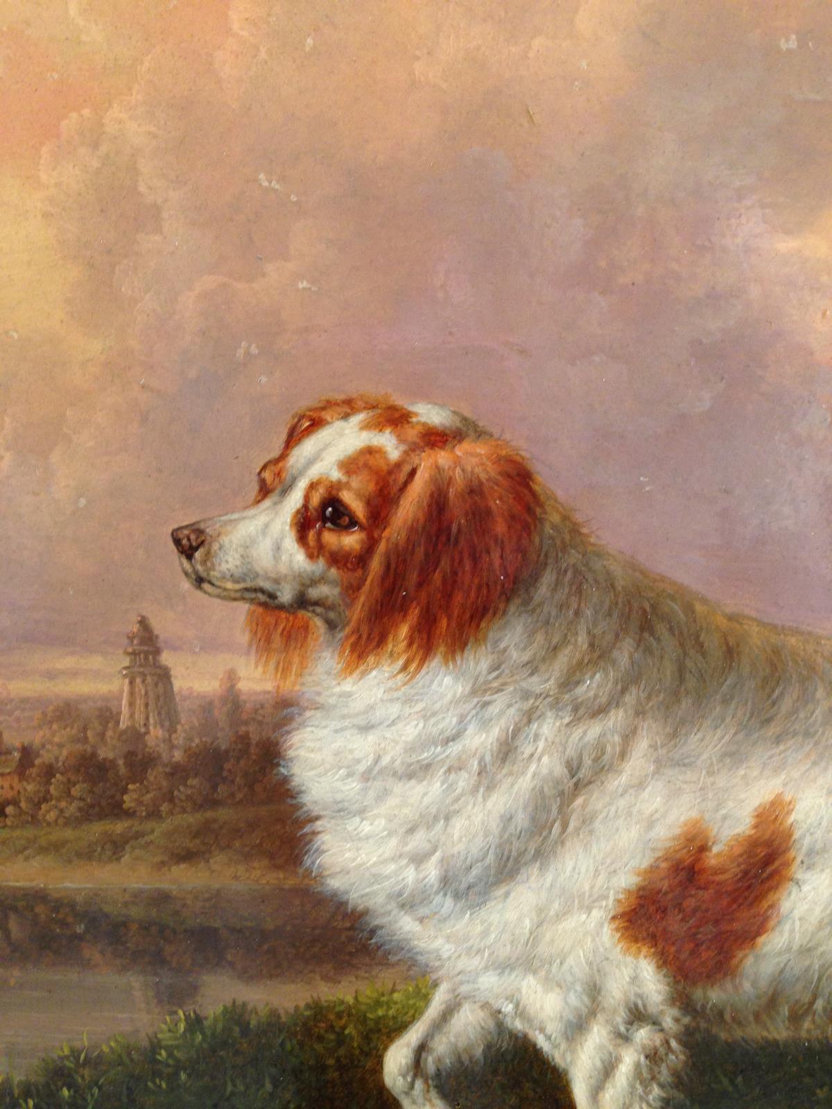 Charles Towne (British, 1763-1840) A Marlborough spaniel in a wooded landscape, a windmill beyond - Image 2 of 9
