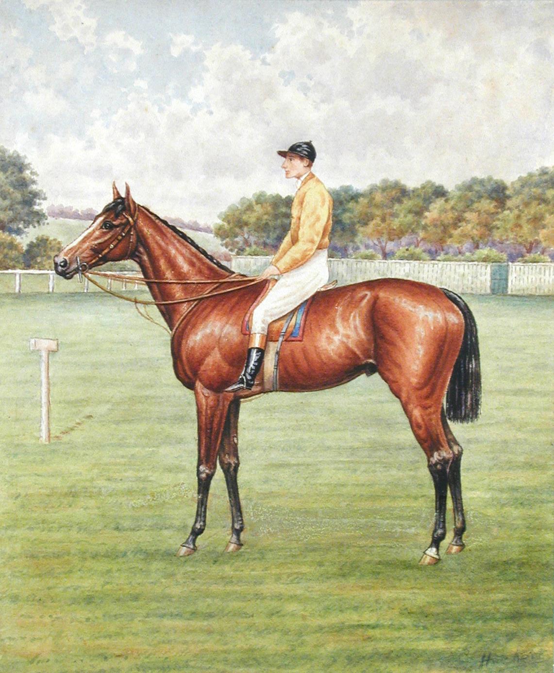 English School (late 19th Century)  Studies of two bay racehorses, one jockey in yellow silks, one