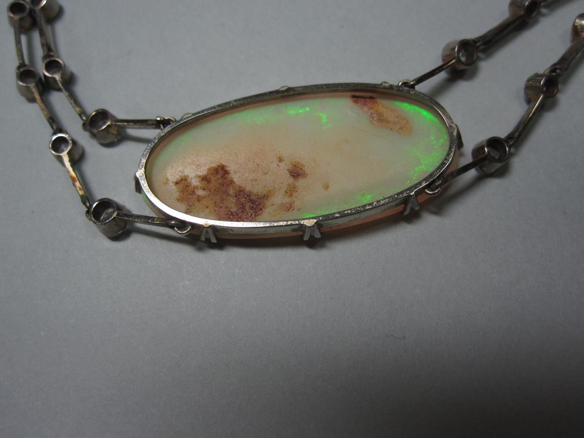 A late 19th century opal and diamond necklace in period fitted case, set with a large, fine oval - Bild 4 aus 6