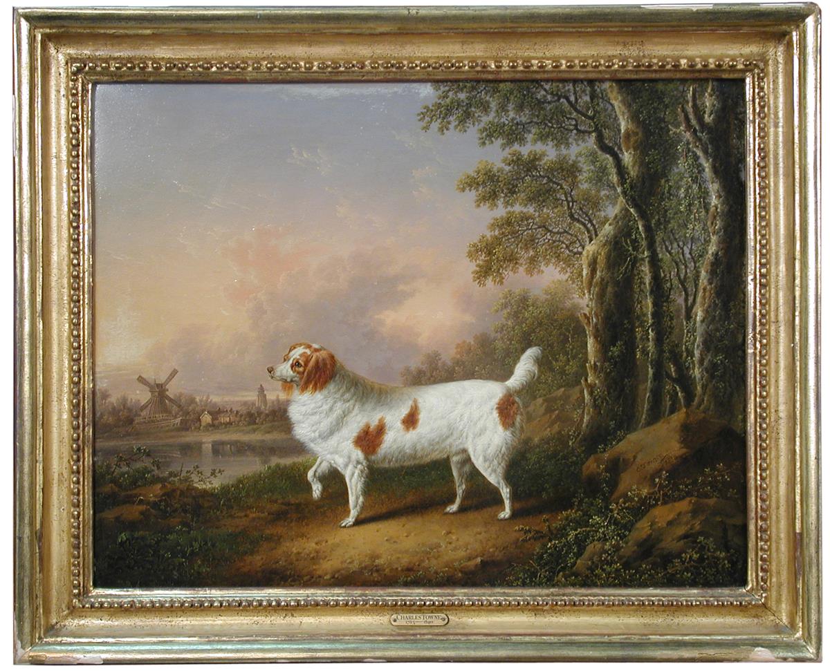 Charles Towne (British, 1763-1840) A Marlborough spaniel in a wooded landscape, a windmill beyond