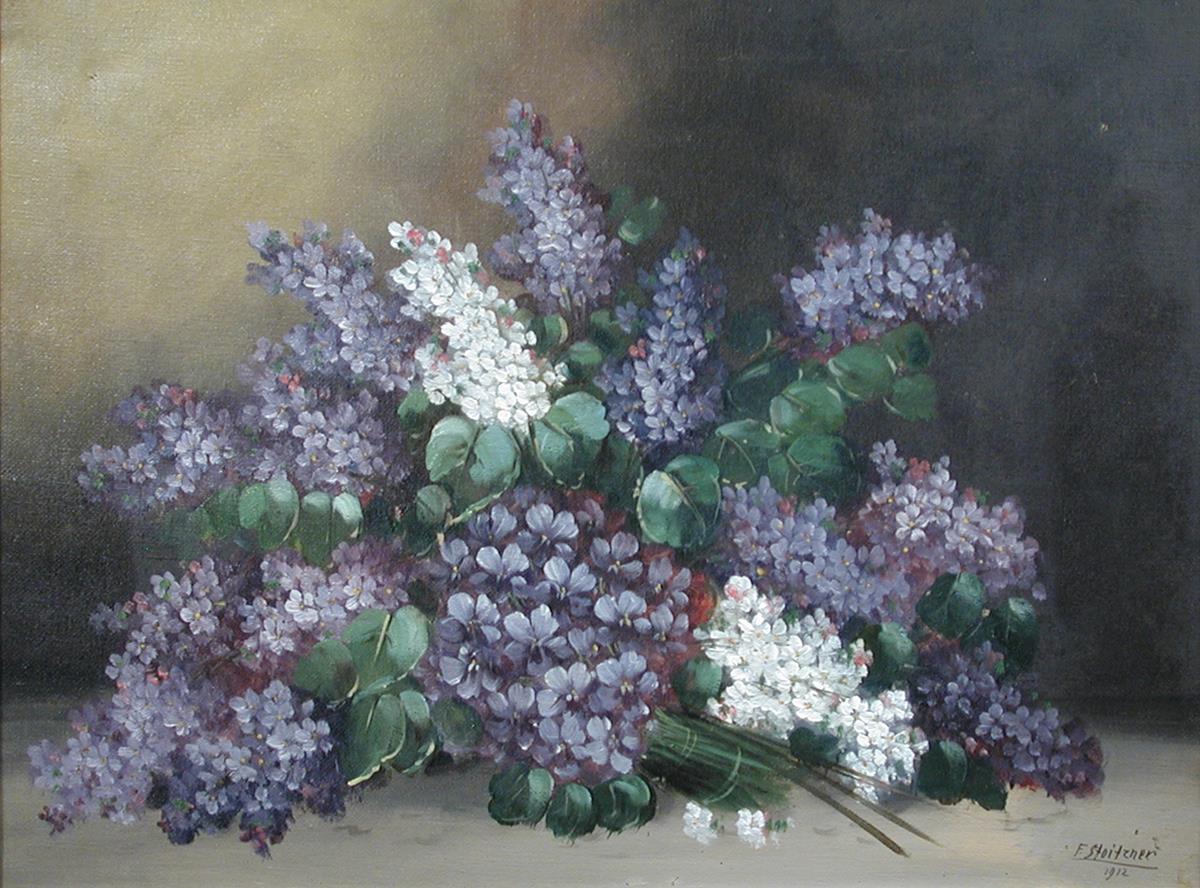Franz Stoitzner (Austrian, 20th Century) Still life of violets and lilac signed lower right ""F