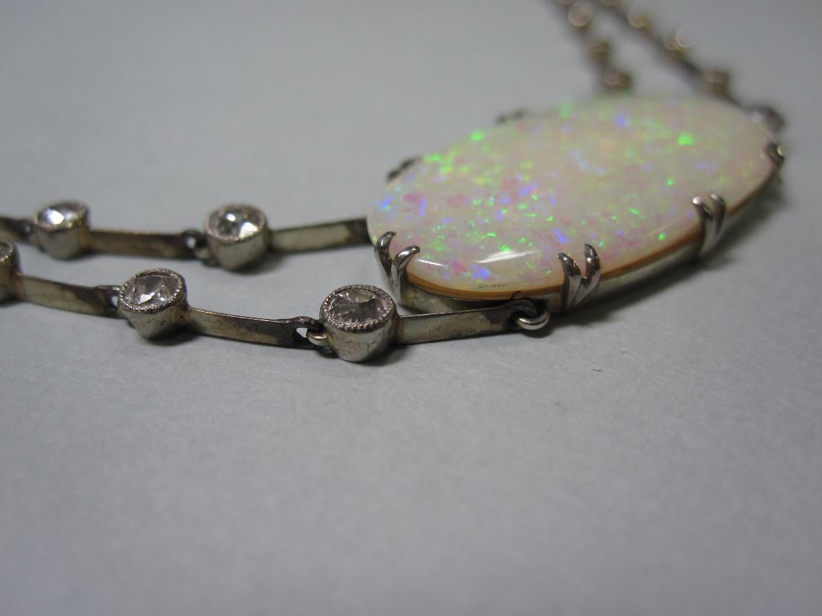 A late 19th century opal and diamond necklace in period fitted case, set with a large, fine oval - Bild 3 aus 6