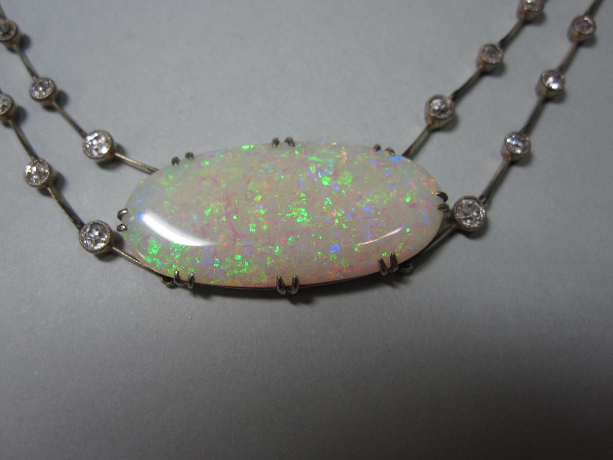 A late 19th century opal and diamond necklace in period fitted case, set with a large, fine oval - Bild 2 aus 6