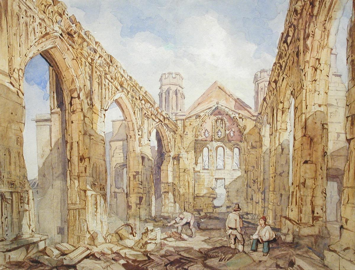 Miles Edward Cotman (British, 1810-1858) St Stephen`s Chapel, Westminster, a view after the fire in