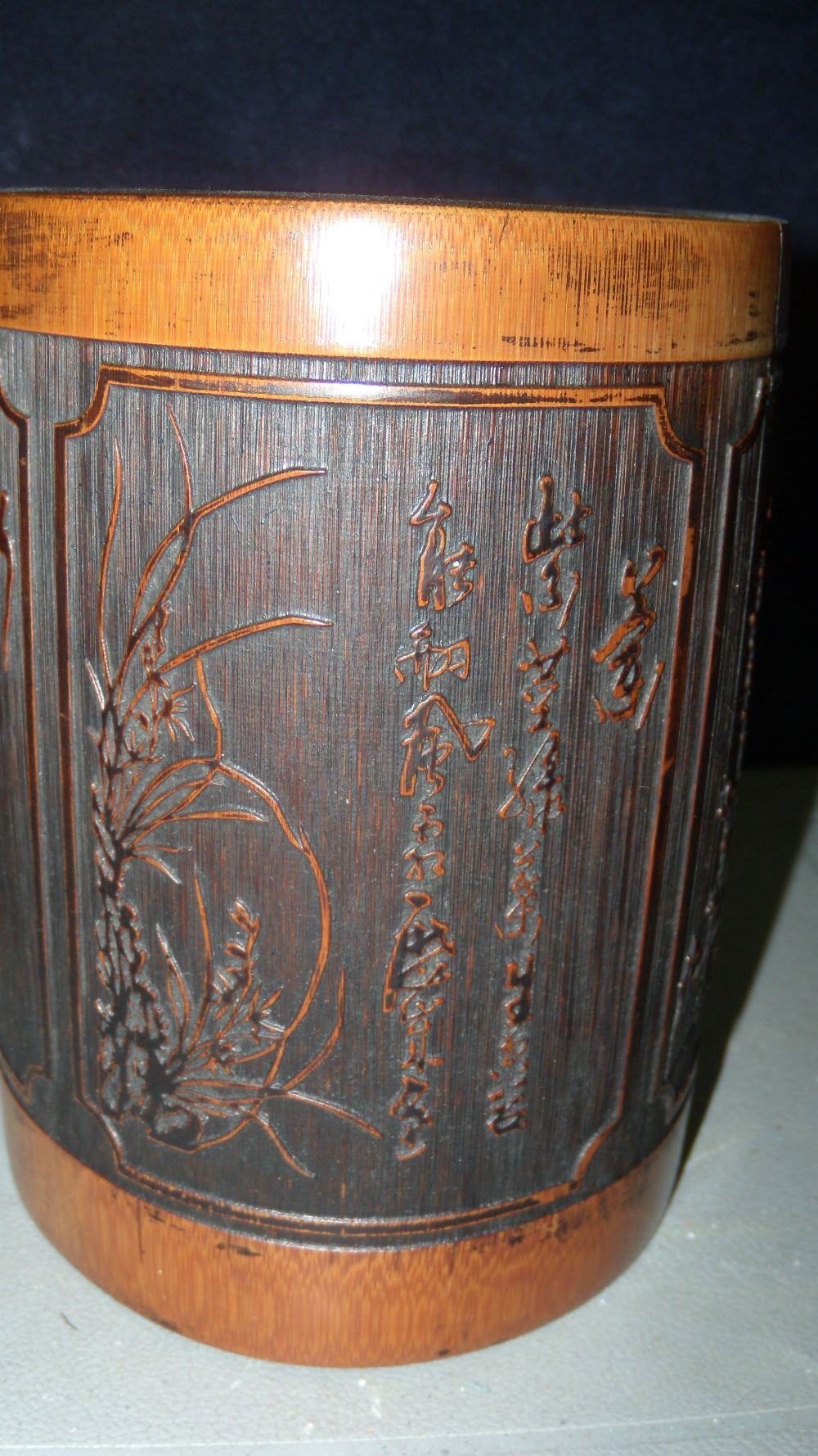 A 19th century bamboo brush pot, the cylindrical sides of the exterior carved with four panels of - Image 4 of 5