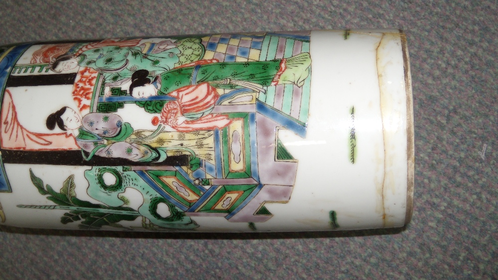 Two famille verte vases/lamps, the slightly tapering cylindrical sides of the taller painted with - Image 2 of 4