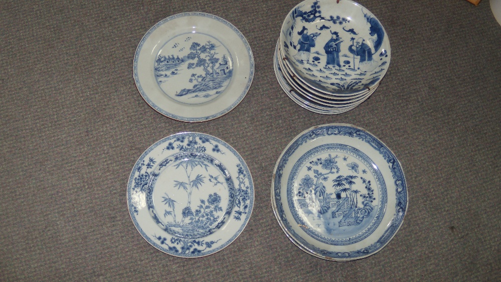A set of nine blue and white plates, three 18th century bowls and two other plates, the nine