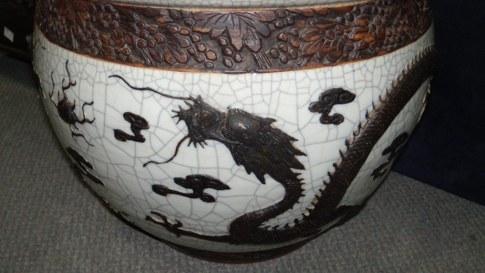 A late 19th/early 20th century crackleware planter, the rounded sides with a bronzed dragon in - Image 2 of 3