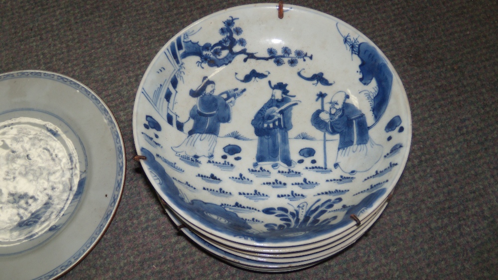 A set of nine blue and white plates, three 18th century bowls and two other plates, the nine - Image 2 of 5