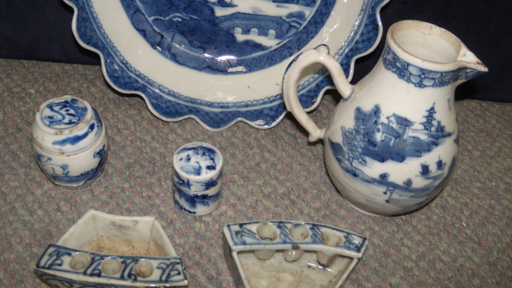 A collection of 18th and 19th century blue and white wares, the jug and the bowl painted with - Image 3 of 4