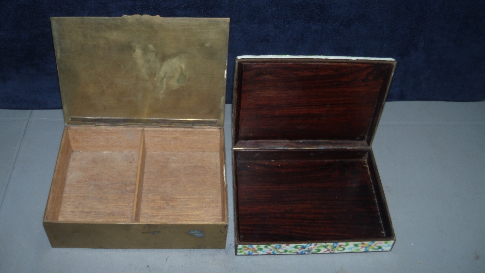 Two 20th century enamel boxes, the rectangular lid of the first moulded in relief and painted with - Image 2 of 2