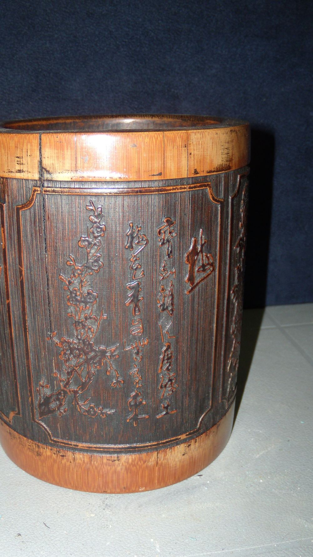 A 19th century bamboo brush pot, the cylindrical sides of the exterior carved with four panels of - Image 3 of 5