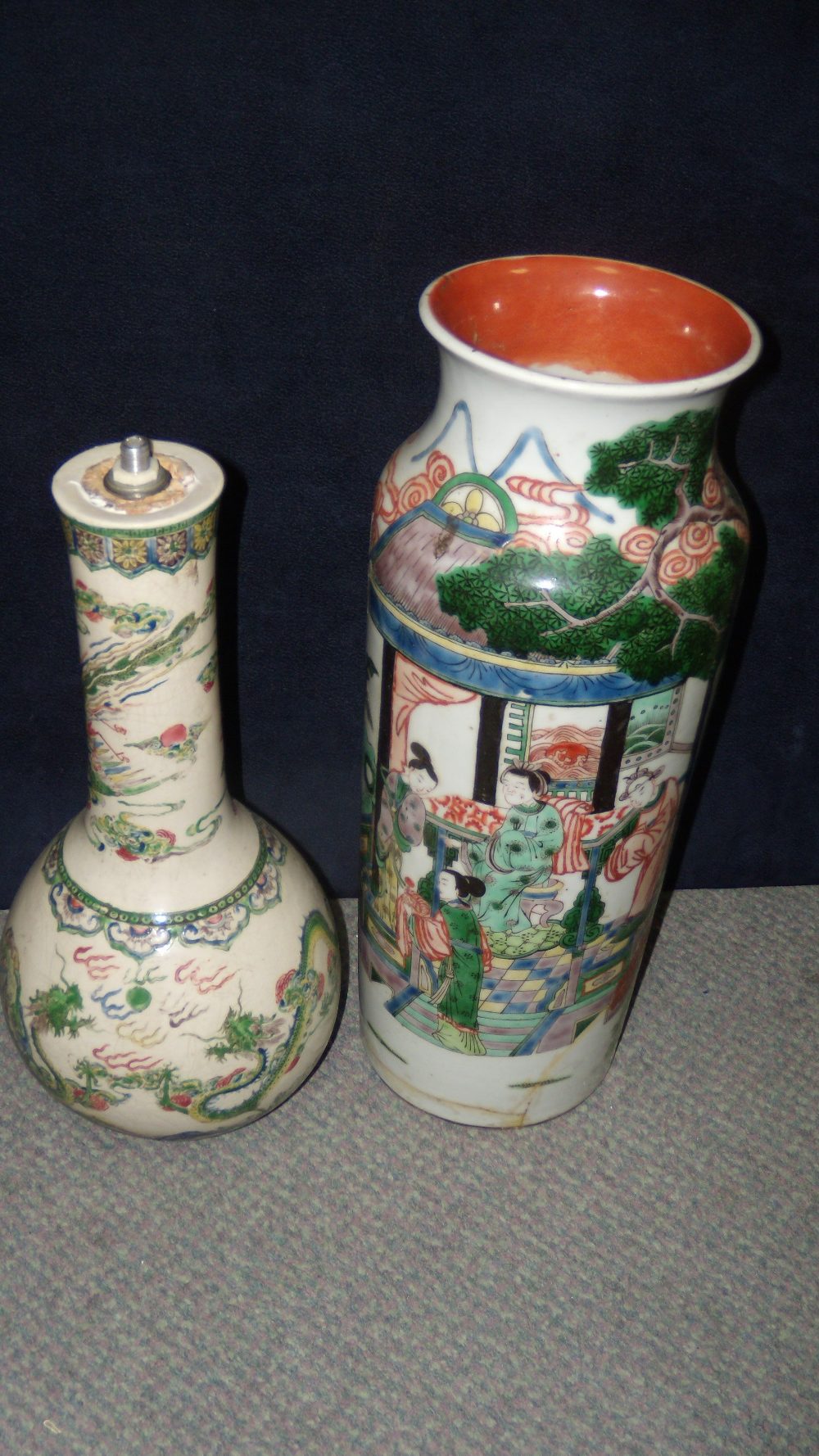 Two famille verte vases/lamps, the slightly tapering cylindrical sides of the taller painted with