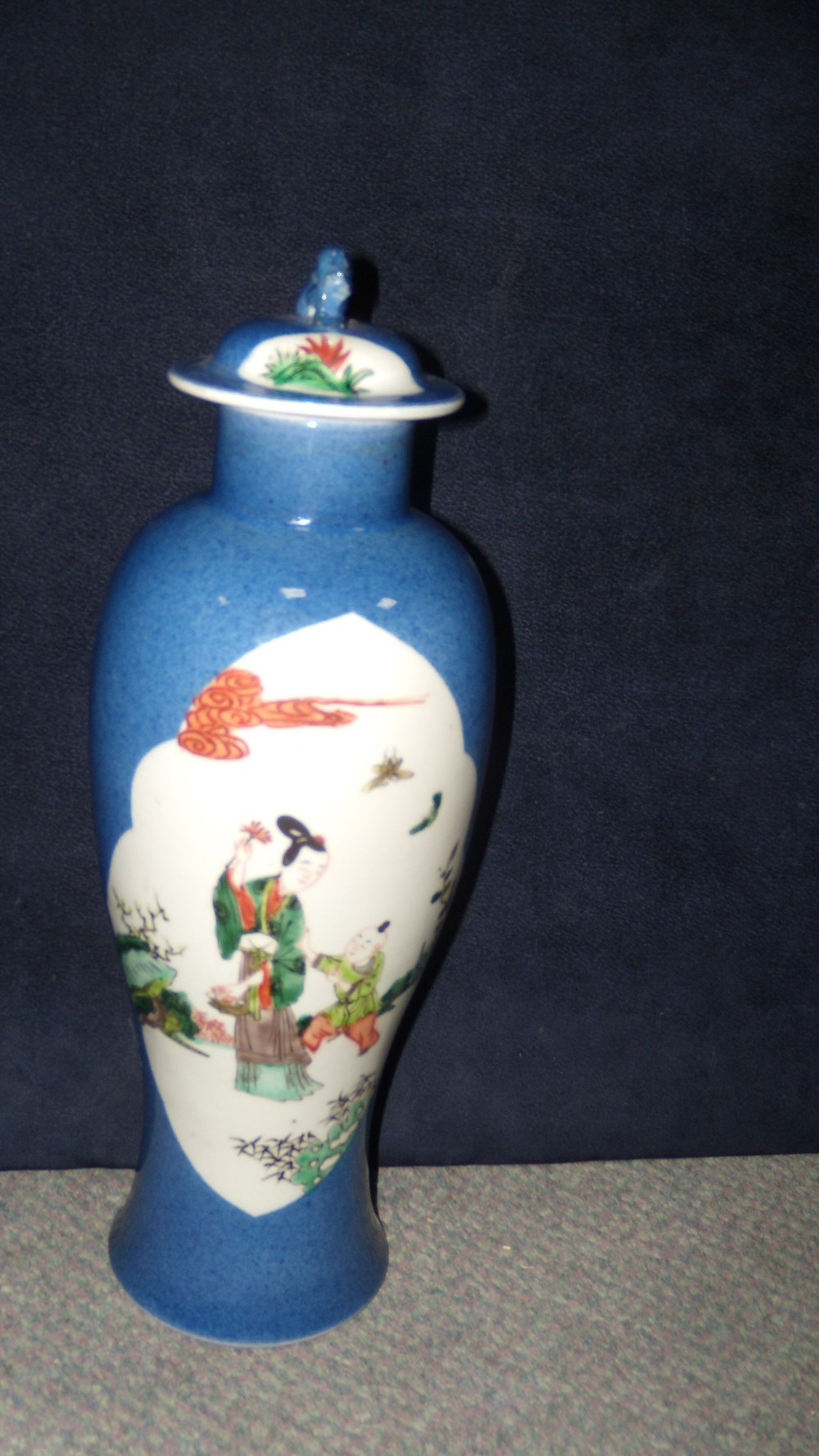 A 19th century famille verte baluster vase and cover, the baluster body painted with two lobe - Image 2 of 2